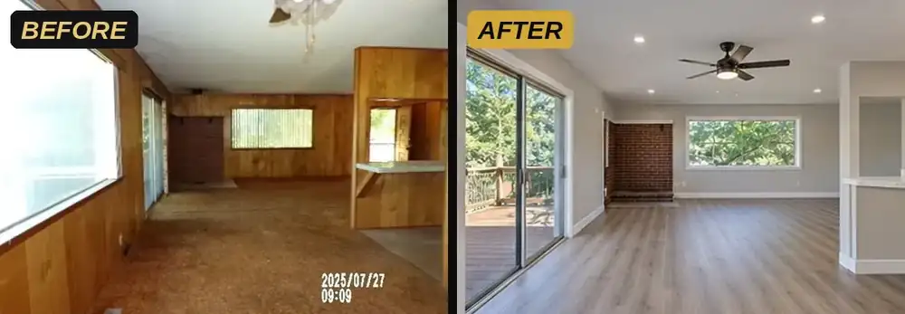 Kelseyville, CA living room before and after renovation, financed with hard money and refinanced into a DSCR loan