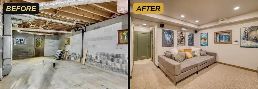 Before and after: unfinished basement converted into a finished family room, from a DSCR Kings scope of work example